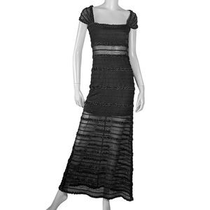 Vintage Tadashi Shoji Black Mesh and Ruffle Cutout Maxi Gown | 4